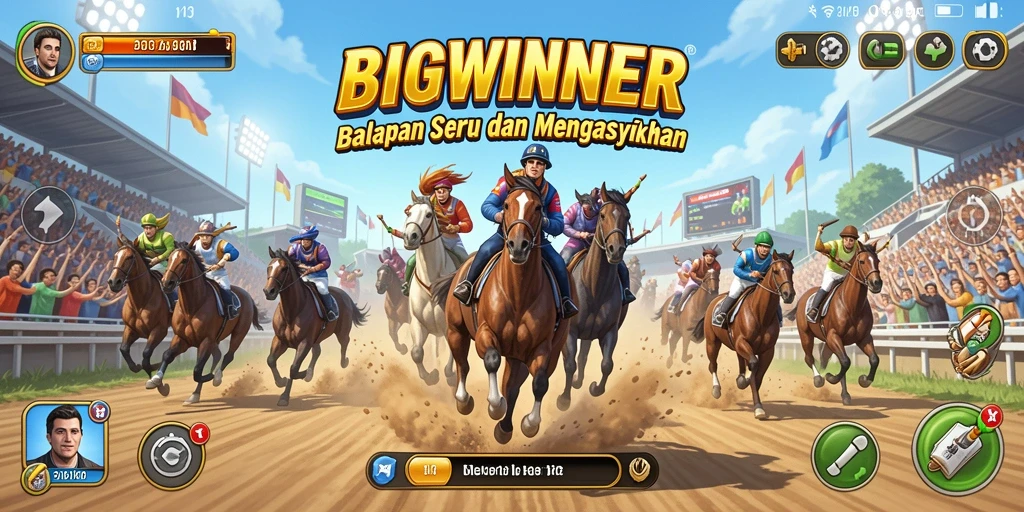 Tangkapan layar gameplay BIGWINNER menunjukkan aksi balapan yang mendebarkan.