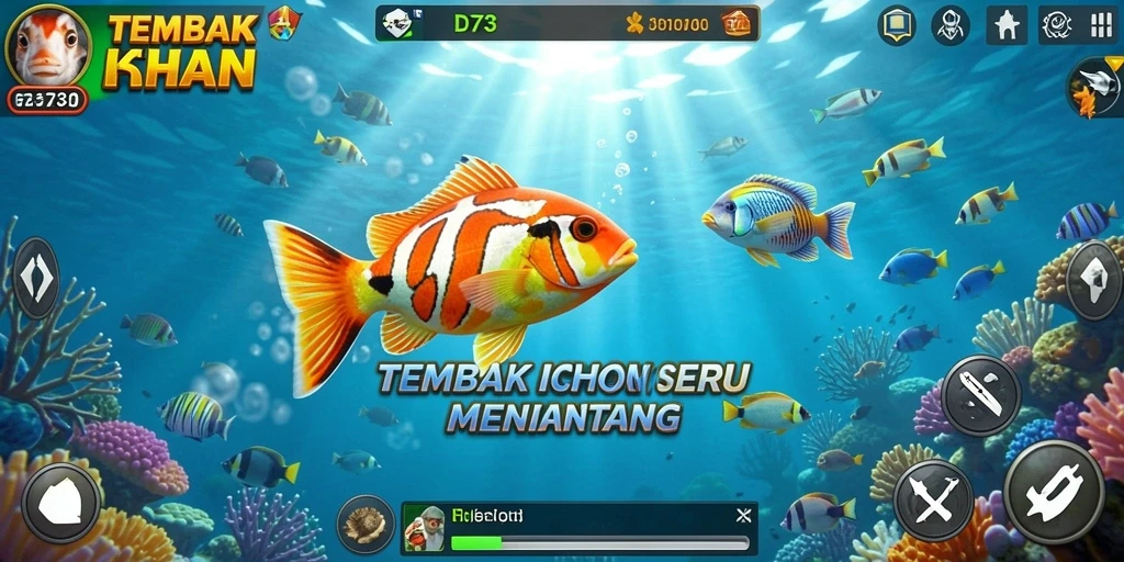 Screenshot gameplay D73 yang penuh aksi tembak ikan.