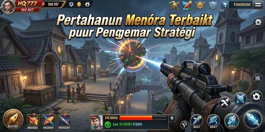 Tampilan gameplay HQ777 dengan menara dan musuh yang beragam.