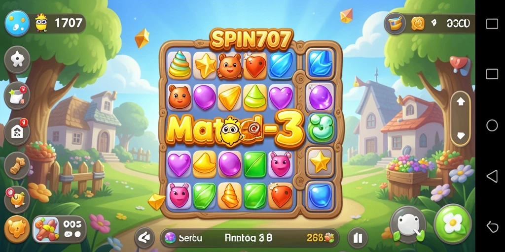 Screenshot gameplay SPIN707 menunjukkan level Match-3 yang penuh warna.